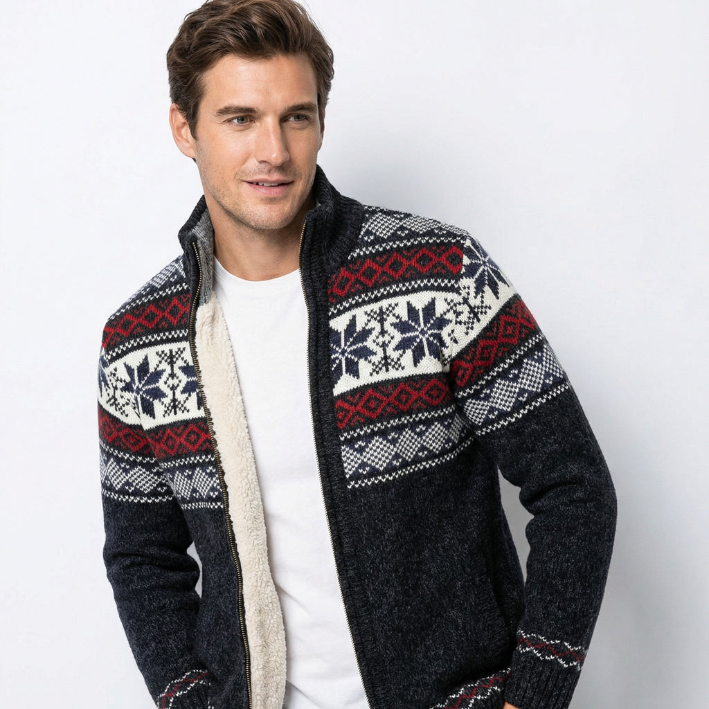 Pull de Noël tricoté homme à col montant et fermeture éclair, motif jacquard nordique chaud
