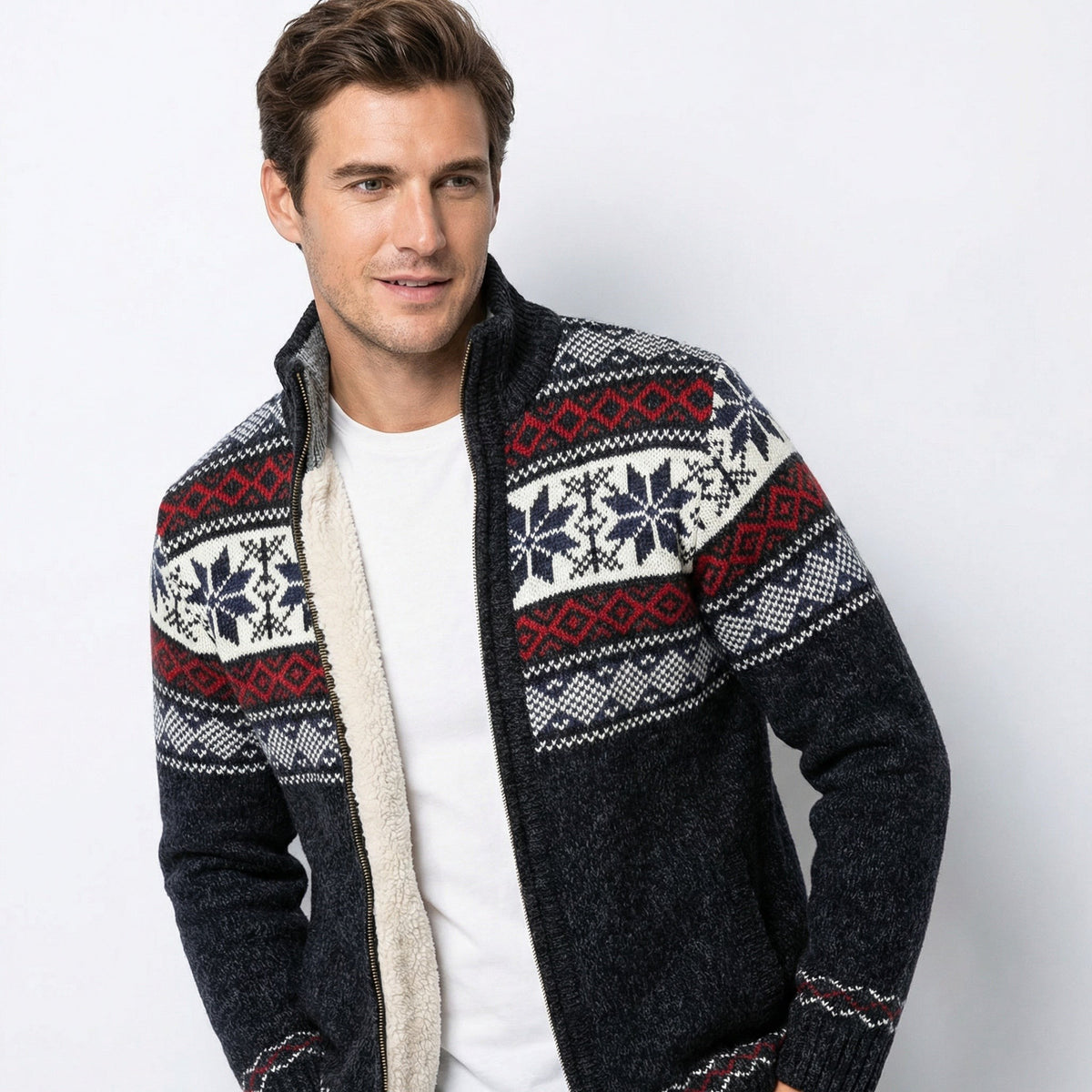 Pull de Noël tricoté homme à col montant et fermeture éclair, motif jacquard nordique chaud