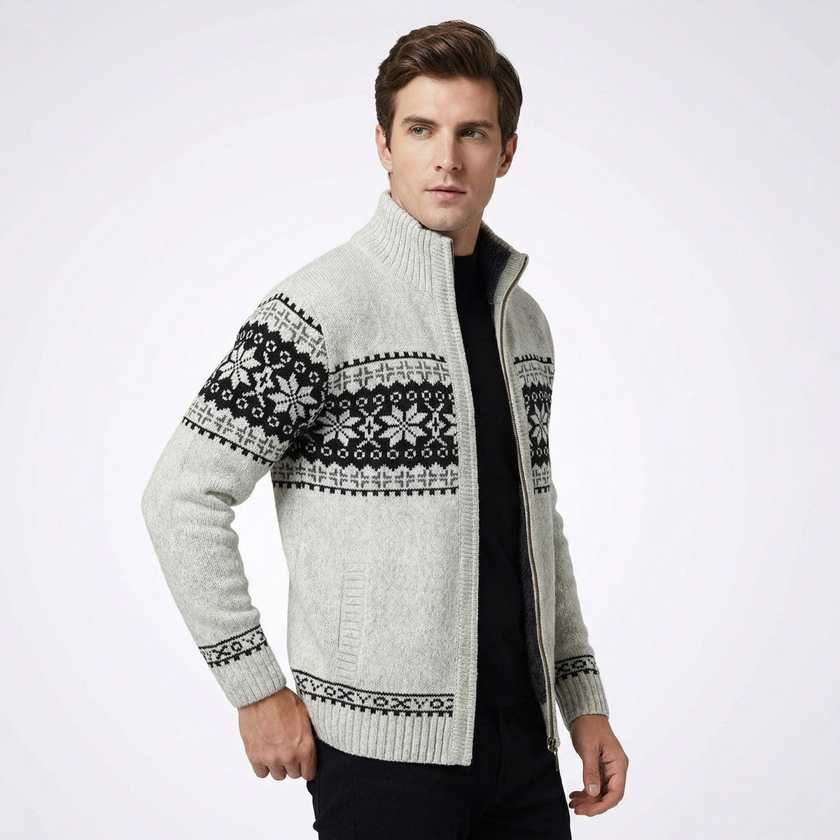 Pull de Noël tricoté homme à col montant et fermeture éclair, motif jacquard nordique chaud