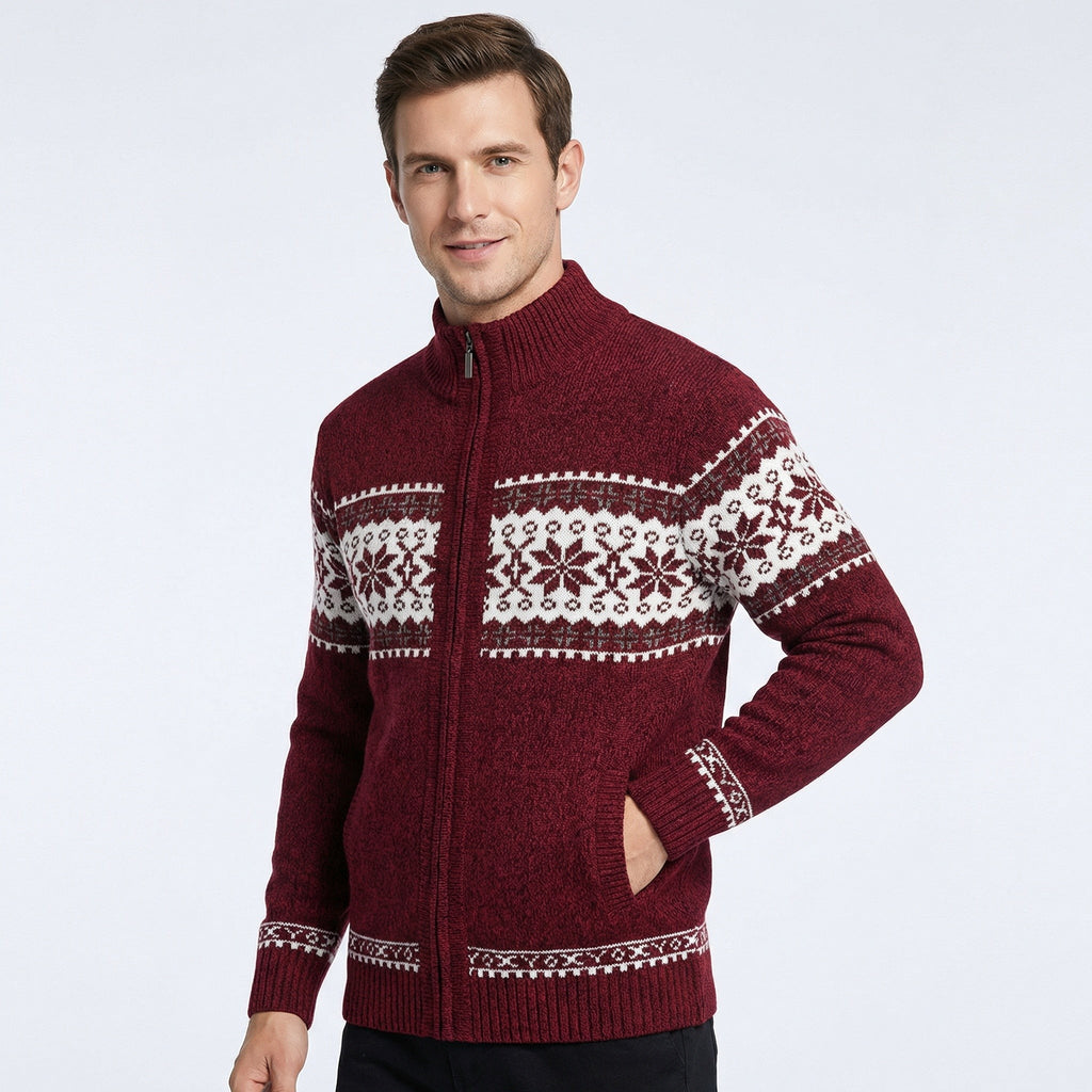 Pull de Noël tricoté homme à col montant et fermeture éclair, motif jacquard nordique chaud
