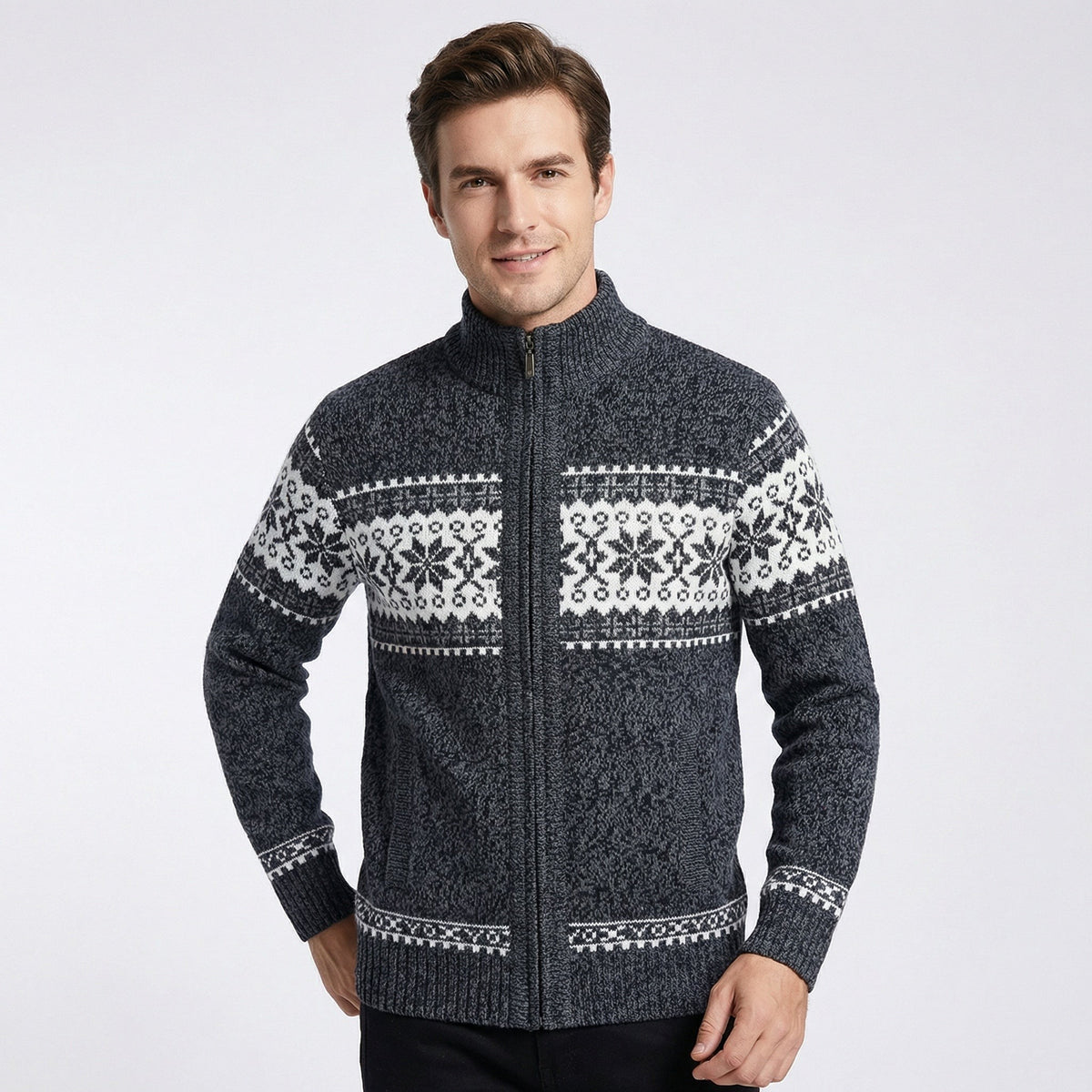 Pull de Noël tricoté homme à col montant et fermeture éclair, motif jacquard nordique chaud