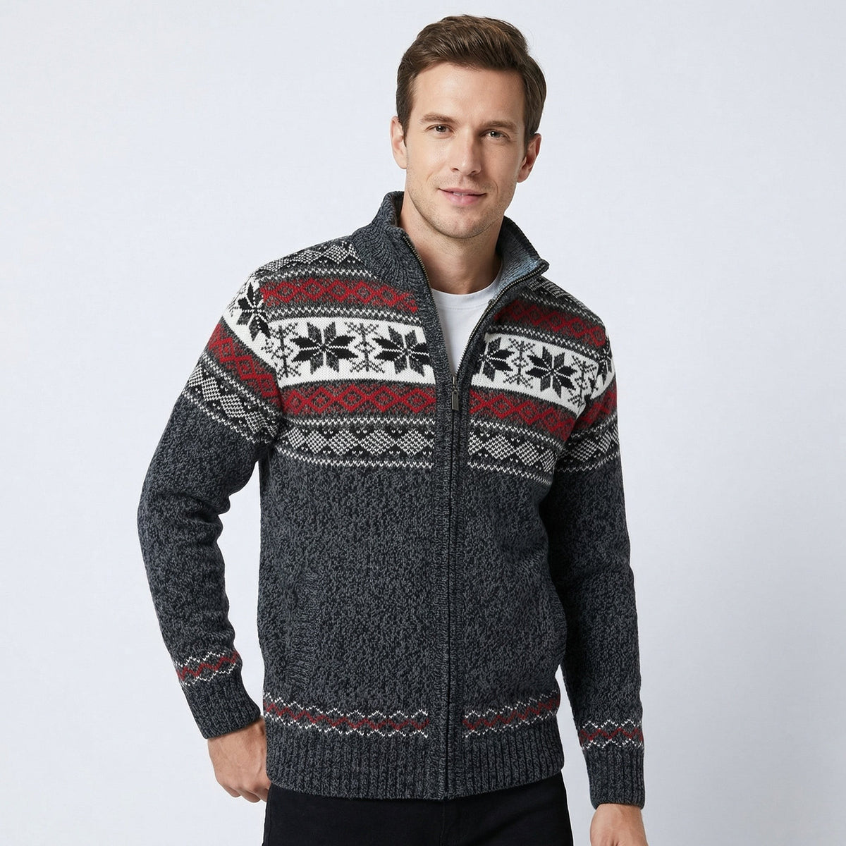 Pull de Noël tricoté homme à col montant et fermeture éclair, motif jacquard nordique chaud