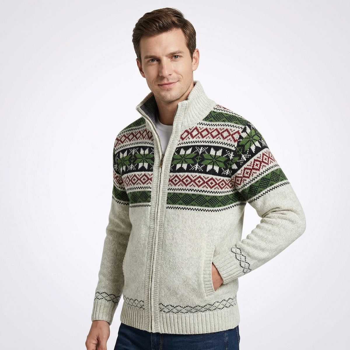 Pull de Noël tricoté homme à col montant et fermeture éclair, motif jacquard nordique chaud
