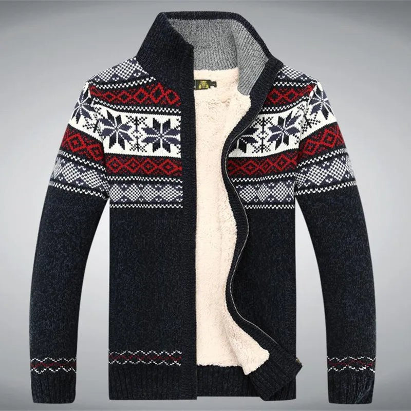 Pull de Noël tricoté homme à col montant et fermeture éclair, motif jacquard nordique chaud