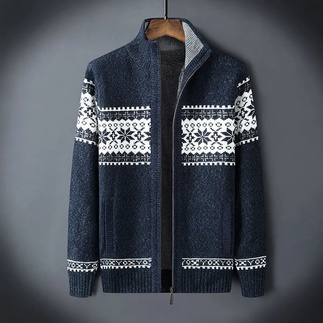 Pull de Noël tricoté homme à col montant et fermeture éclair, motif jacquard nordique chaud
