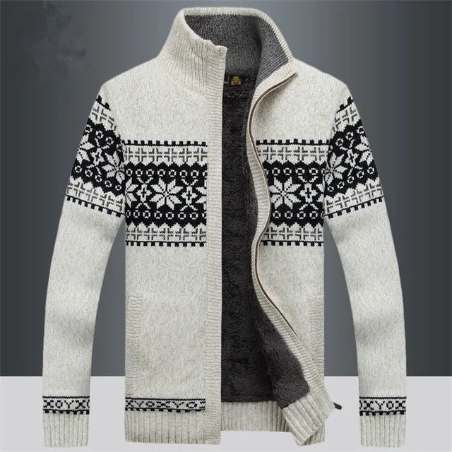 Pull de Noël tricoté homme à col montant et fermeture éclair, motif jacquard nordique chaud