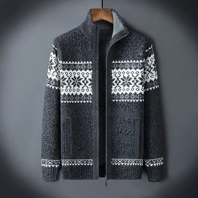 Pull de Noël tricoté homme à col montant et fermeture éclair, motif jacquard nordique chaud