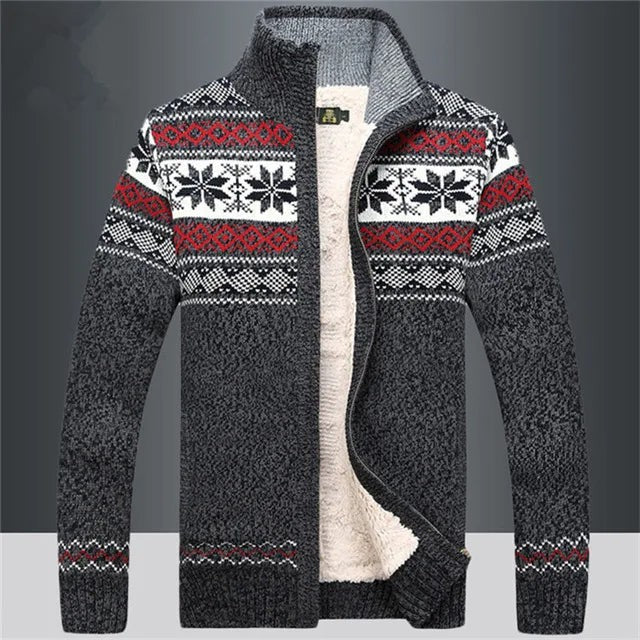 Pull de Noël tricoté homme à col montant et fermeture éclair, motif jacquard nordique chaud