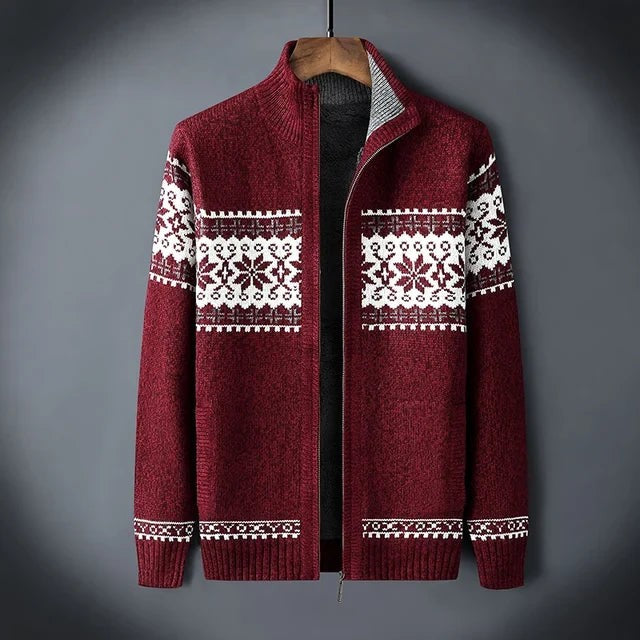 Pull de Noël tricoté homme à col montant et fermeture éclair, motif jacquard nordique chaud