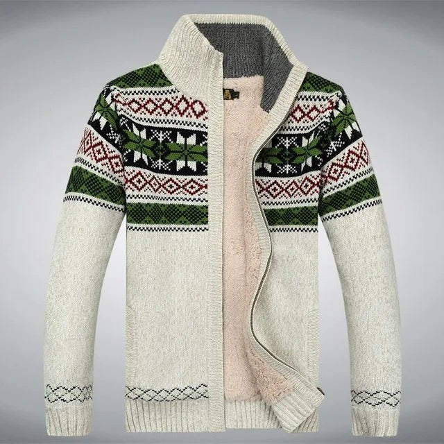 Pull de Noël tricoté homme à col montant et fermeture éclair, motif jacquard nordique chaud