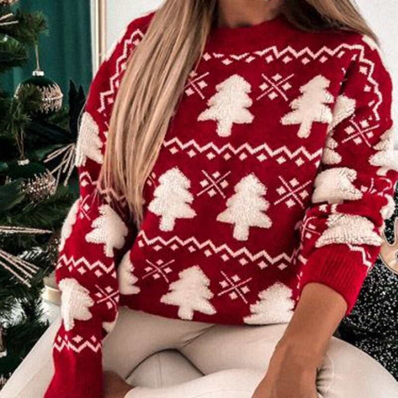 Pull de Noël tricoté oversize à motif sapin pour femme, pull moche de Noël festif