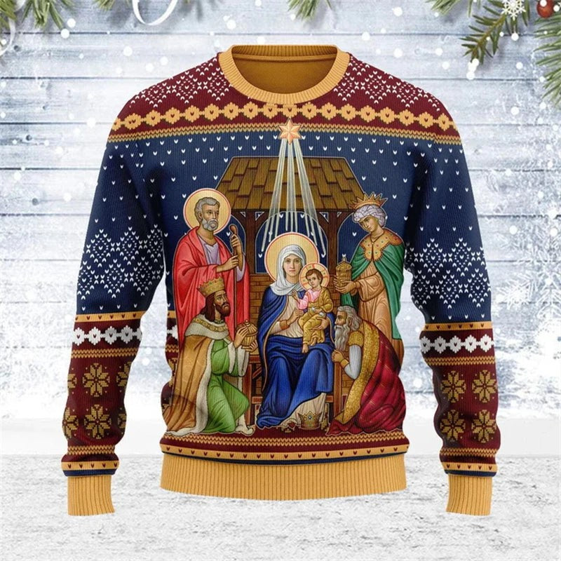 Pull de Noël unisexe à design Jésus en 3D, pour les fêtes