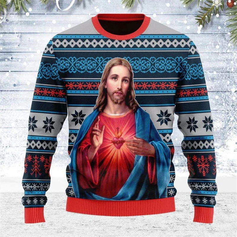 Pull de Noël unisexe à design Jésus en 3D, pour les fêtes
