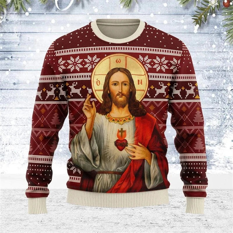 Pull de Noël unisexe à design Jésus en 3D, pour les fêtes