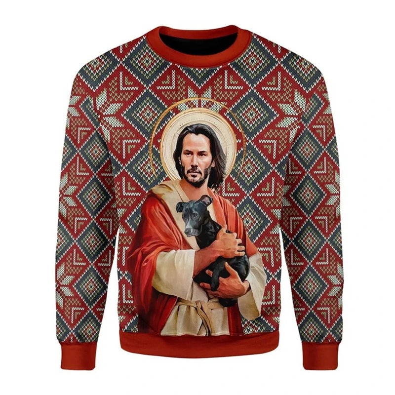 Pull de Noël unisexe à design Jésus en 3D, pour les fêtes