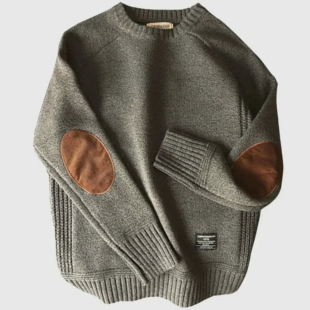 Pull en laine homme à coudières, col rond classique