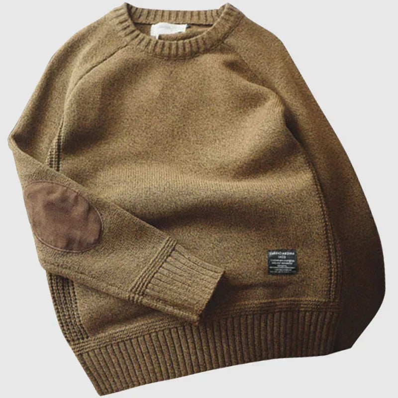 Pull en laine homme à coudières, col rond classique
