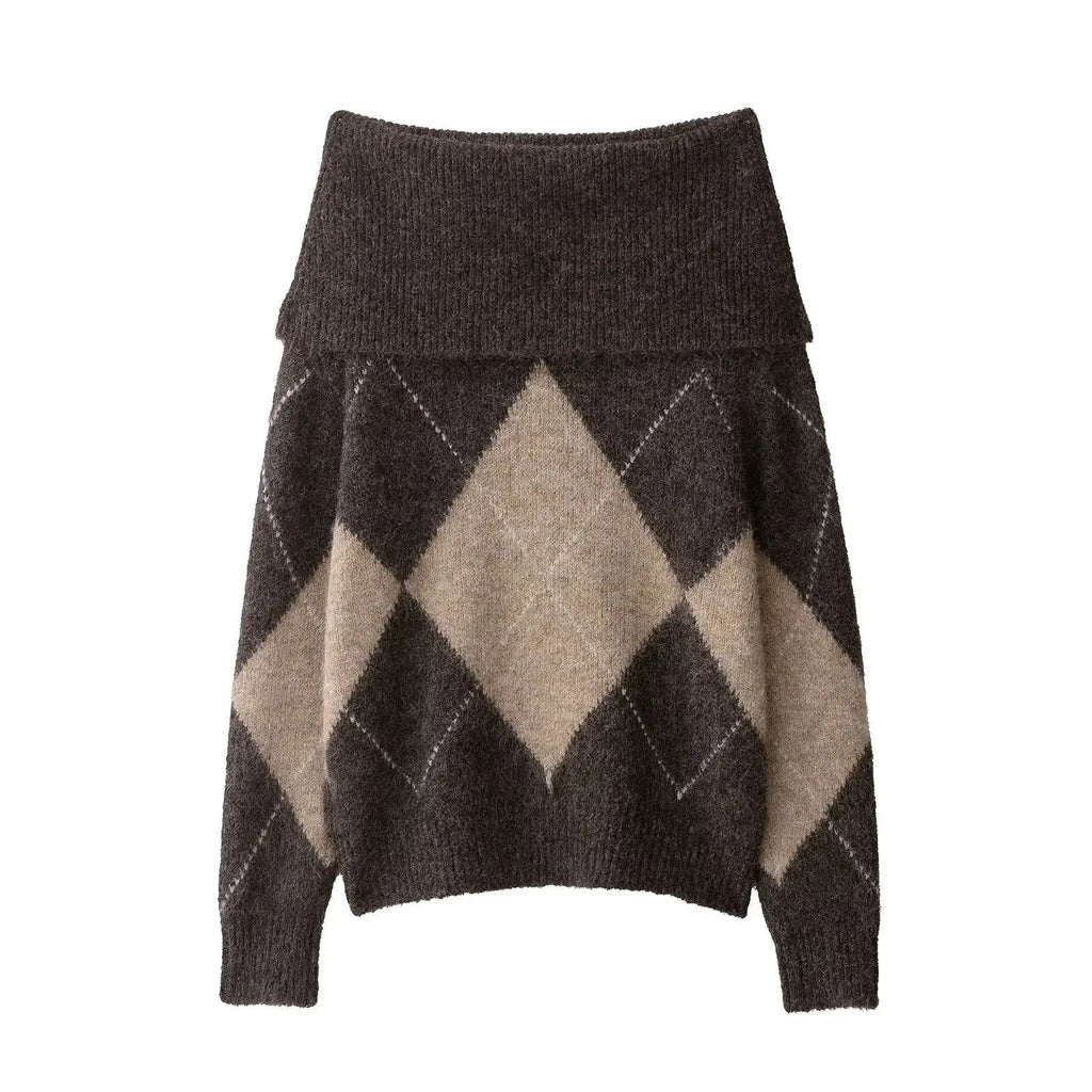 Pull en maille motif losange épaules dénudées pour femme, Pull ample à col rabattu