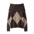 Pull en maille motif losange épaules dénudées pour femme, Pull ample à col rabattu