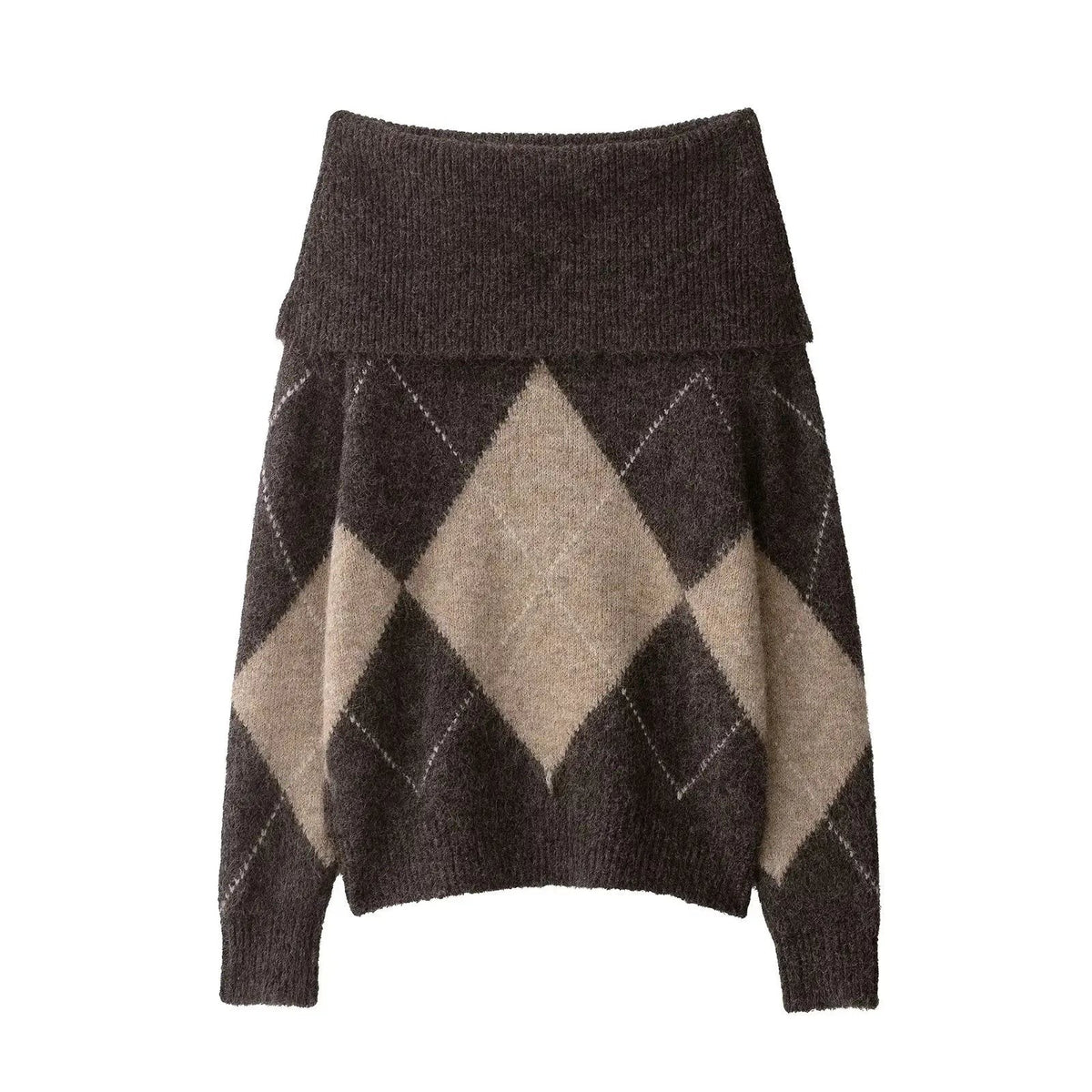 Pull en maille motif losange épaules dénudées pour femme, Pull ample à col rabattu