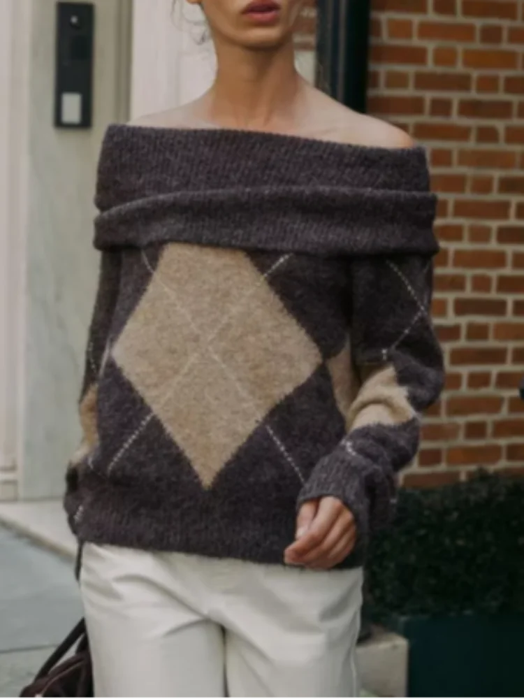 Pull en maille motif losange épaules dénudées pour femme, Pull ample à col rabattu