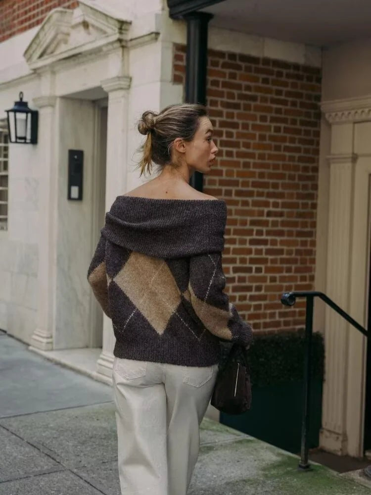 Pull en maille motif losange épaules dénudées pour femme, Pull ample à col rabattu