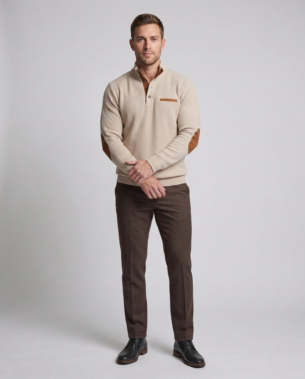Pull Henley habillé pour homme à col côtelé, inserts contrastés et coudières