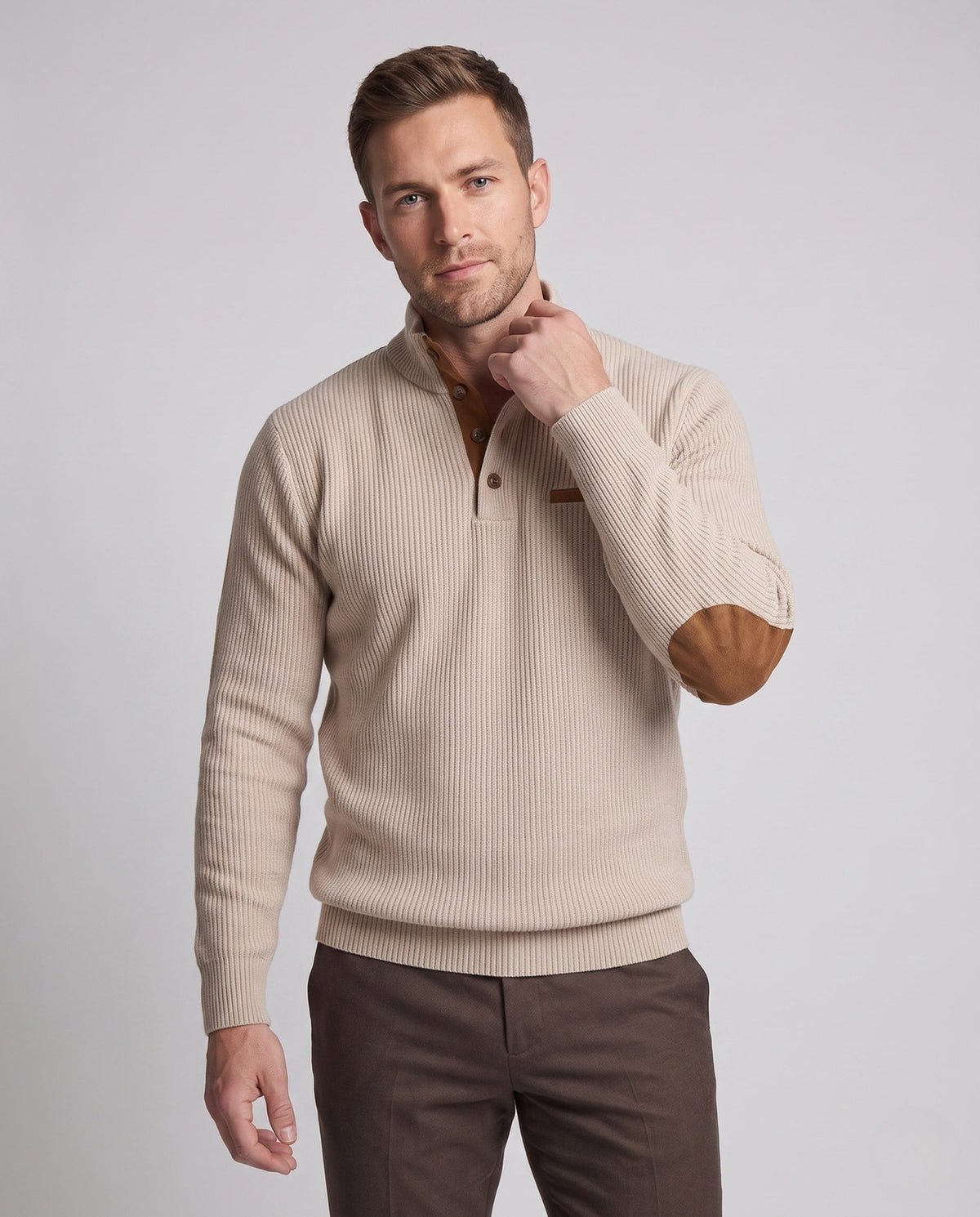 Pull Henley habillé pour homme à col côtelé, inserts contrastés et coudières