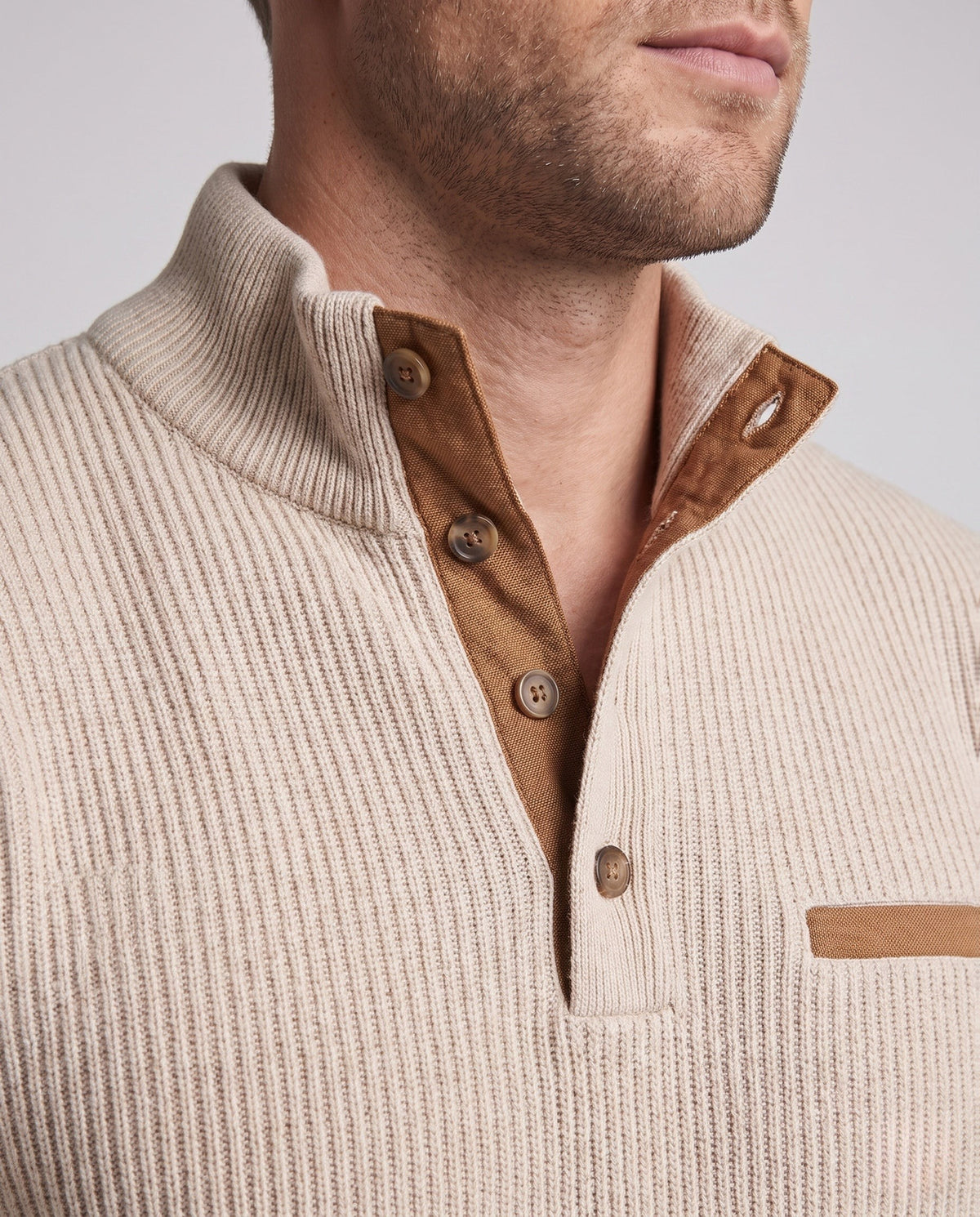 Pull Henley habillé pour homme à col côtelé, inserts contrastés et coudières