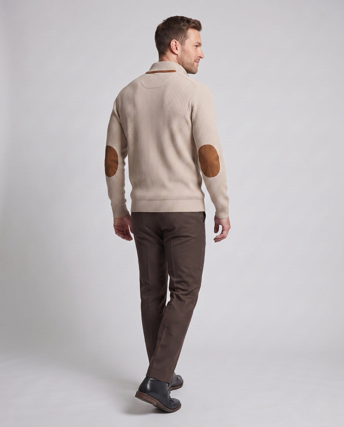 Pull Henley habillé pour homme à col côtelé, inserts contrastés et coudières