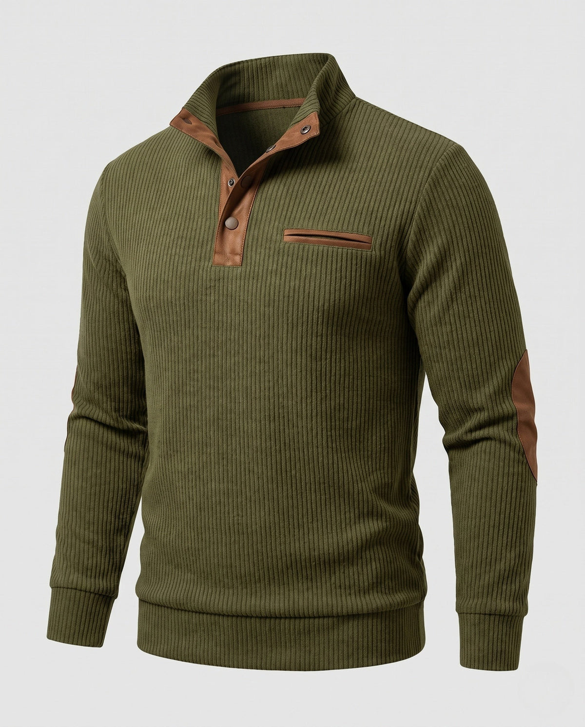 Pull Henley habillé pour homme à col côtelé, inserts contrastés et coudières
