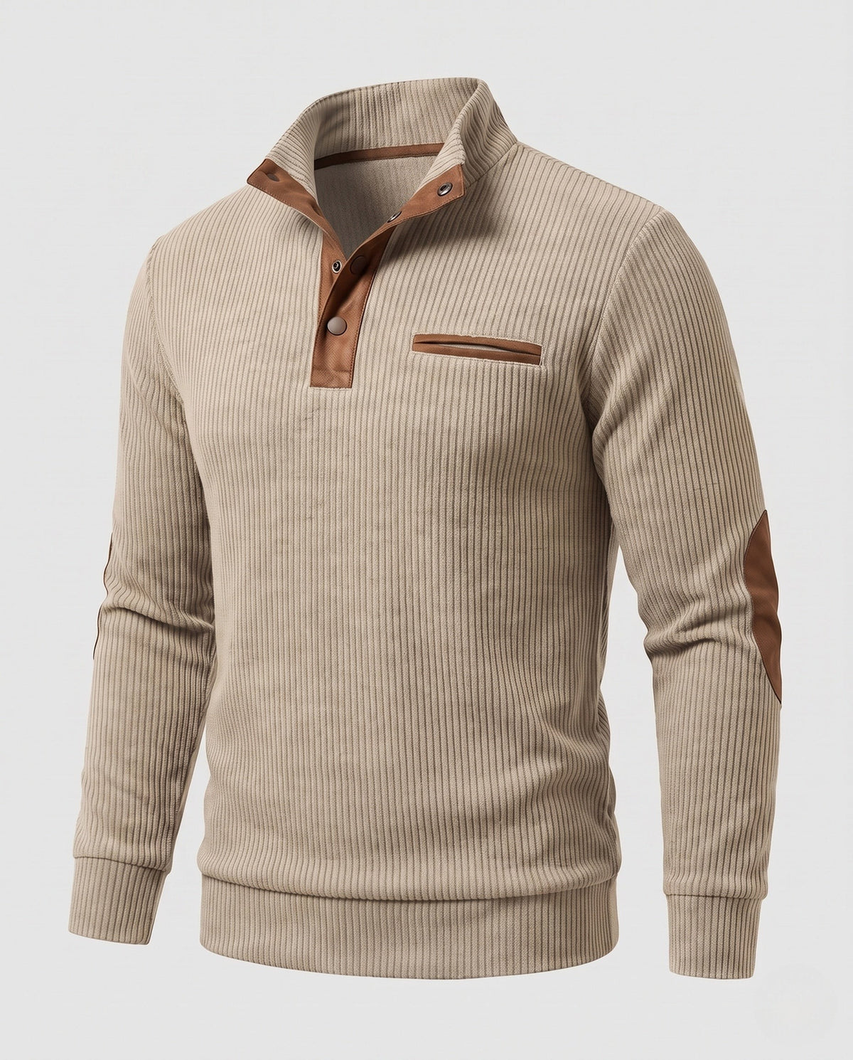 Pull Henley habillé pour homme à col côtelé, inserts contrastés et coudières