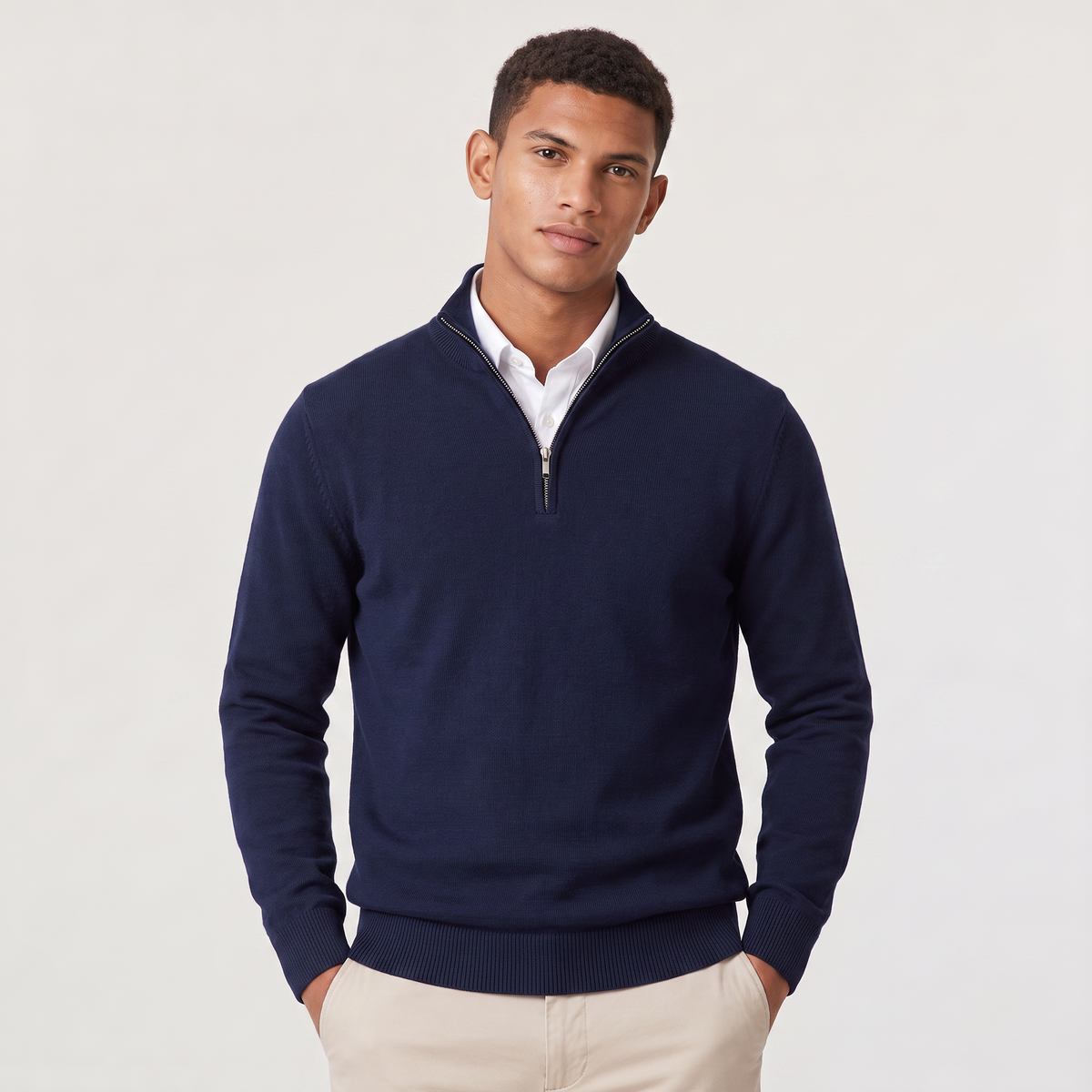 Pull homme demi zippé tricoté en coton mélangé