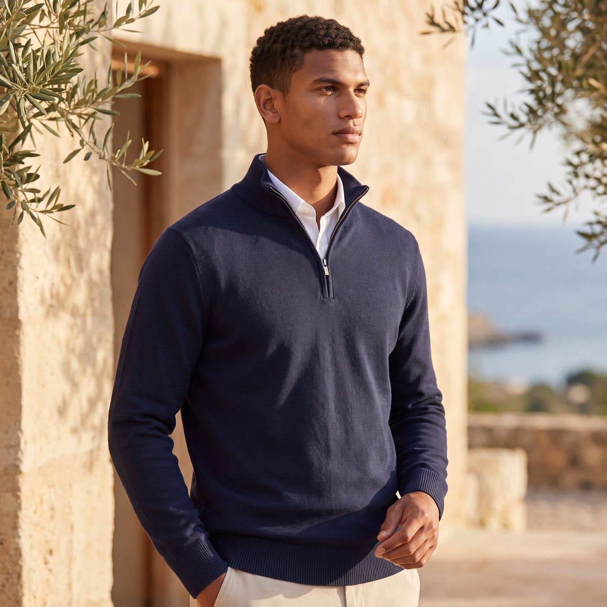 Pull homme demi zippé tricoté en coton mélangé
