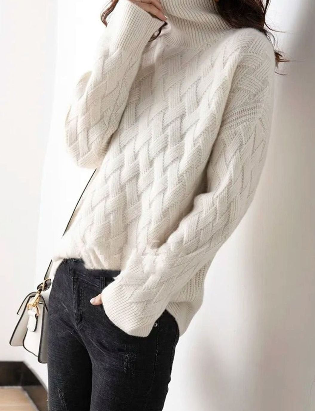 Pull oversize en cachemire à col roulé motif torsades pour femme, coupe ample