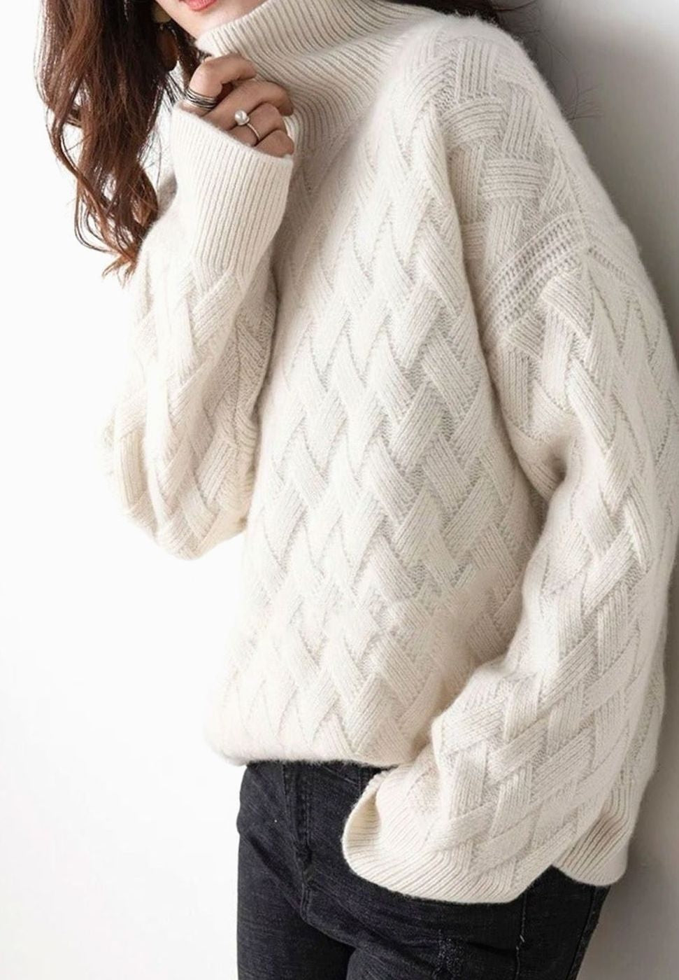 Pull oversize en cachemire à col roulé motif torsades pour femme, coupe ample