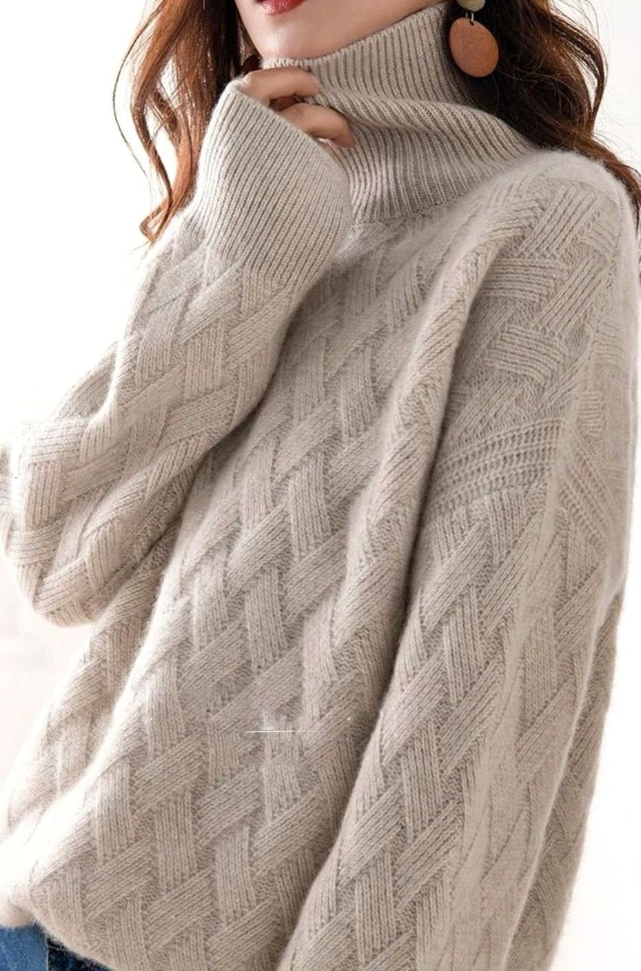 Pull oversize en cachemire à col roulé motif torsades pour femme, coupe ample