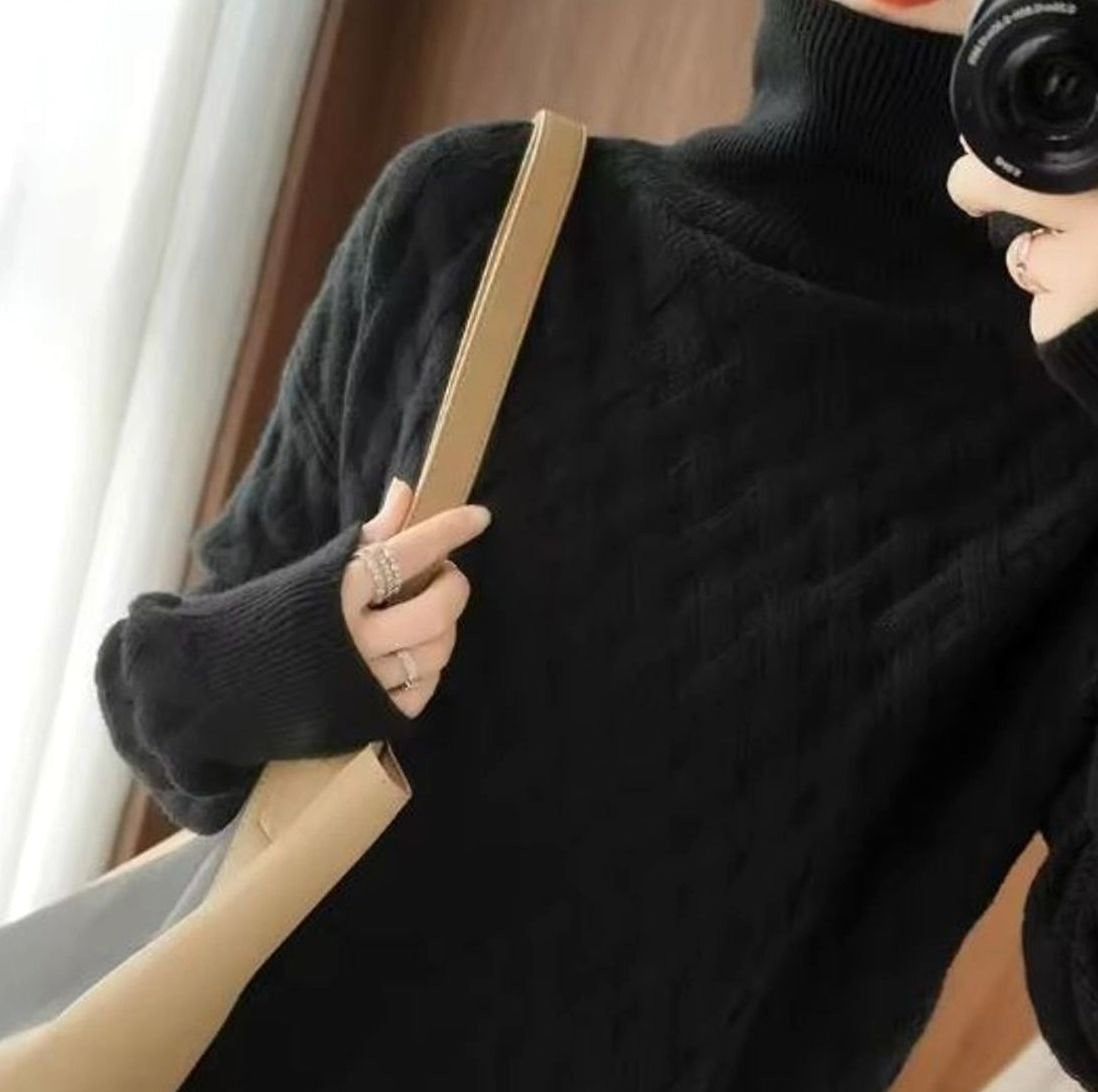 Pull oversize en cachemire à col roulé motif torsades pour femme, coupe ample