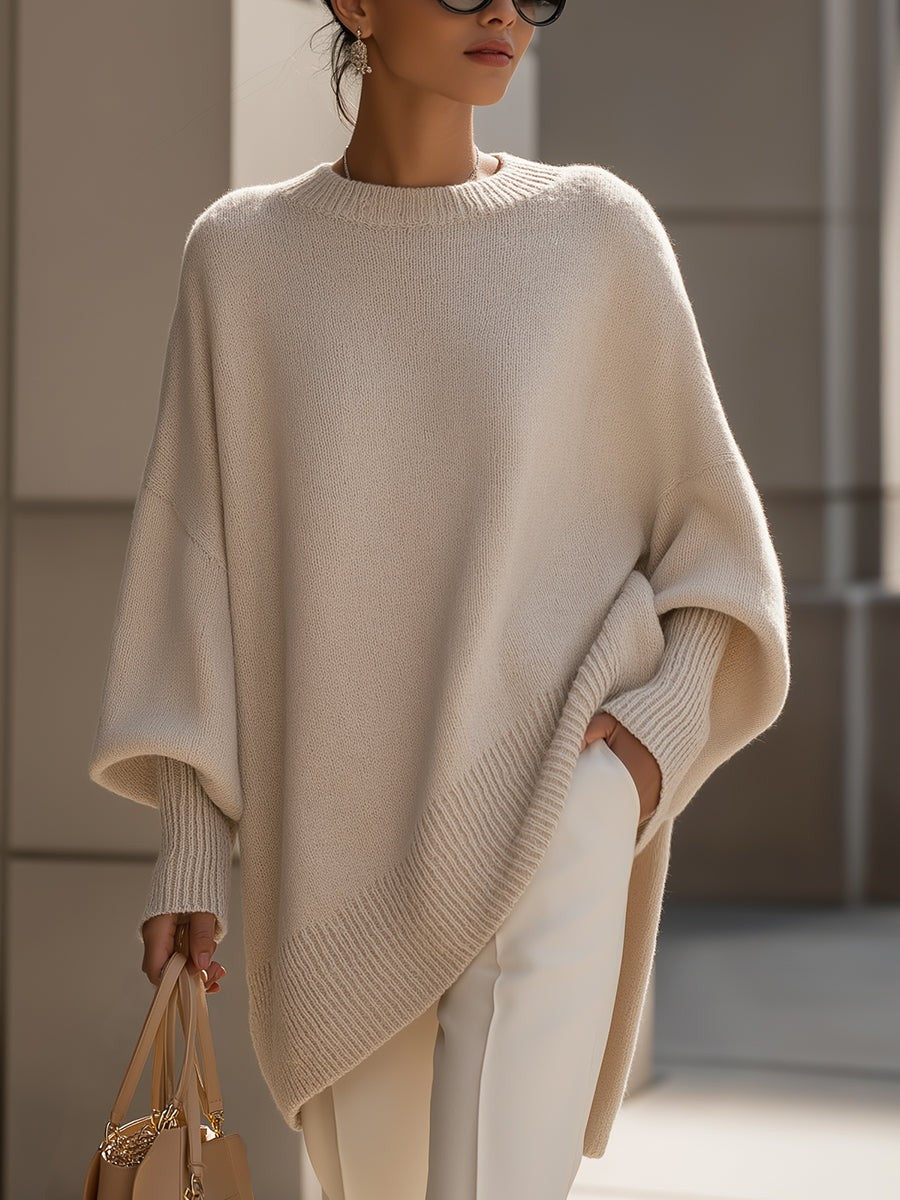 Pull oversize femme en laine col rond ourlet asymétrique