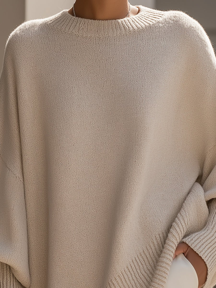 Pull oversize femme en laine col rond ourlet asymétrique