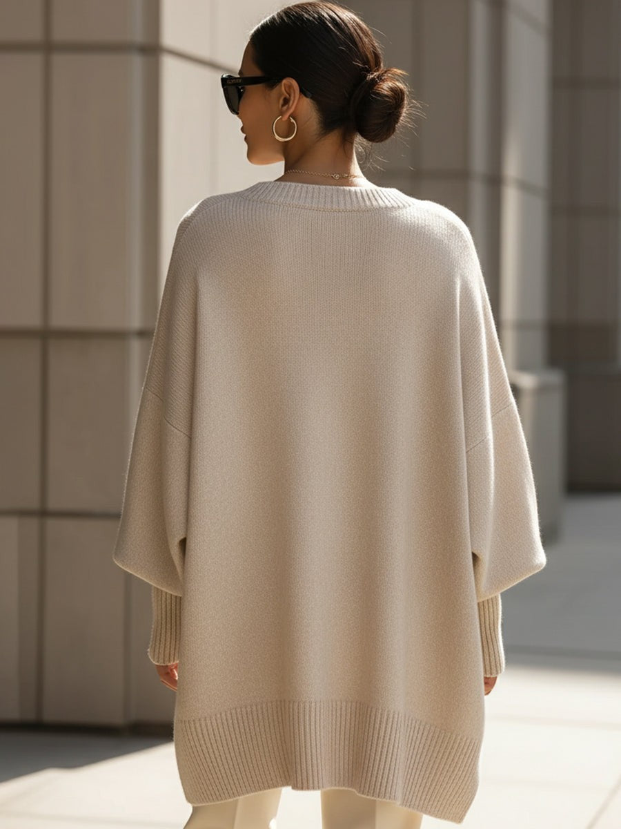 Pull oversize femme en laine col rond ourlet asymétrique