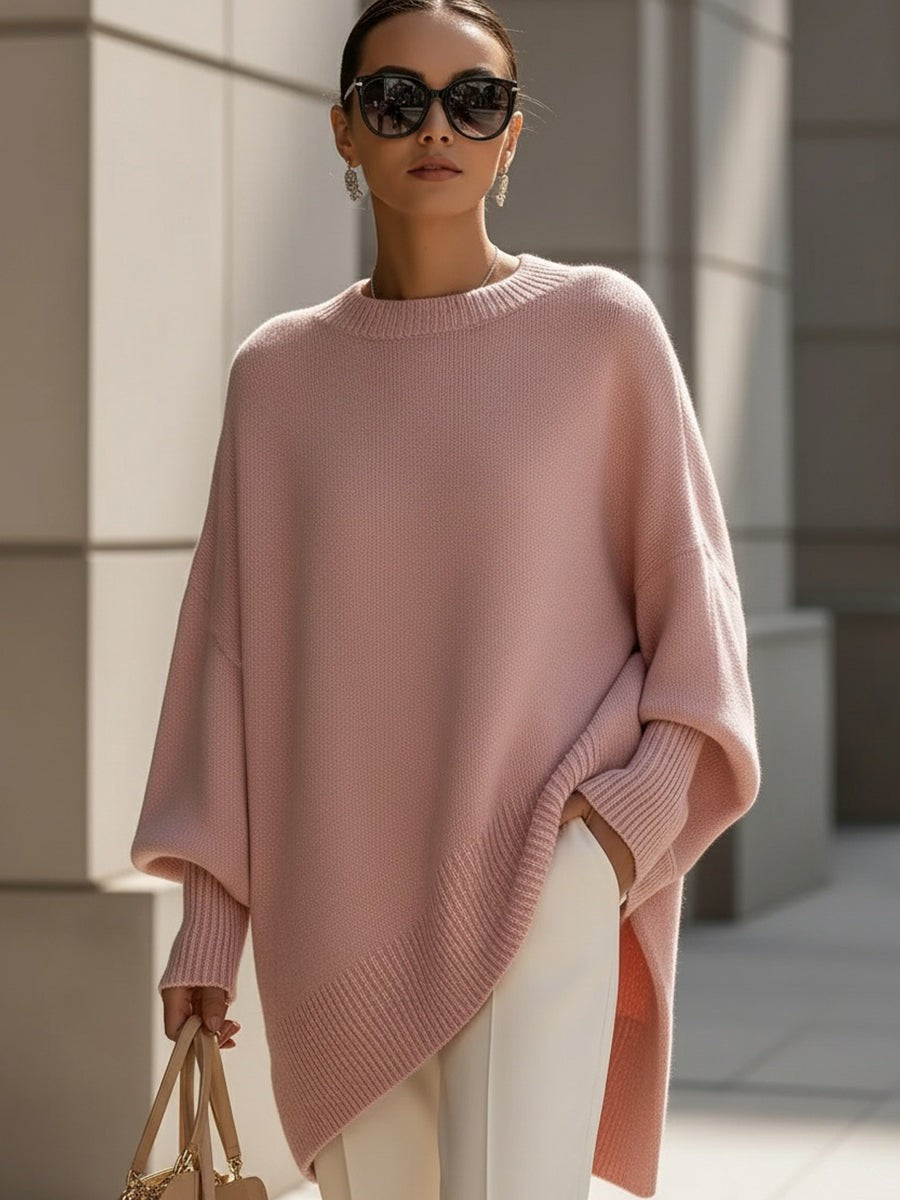 Pull oversize femme en laine col rond ourlet asymétrique