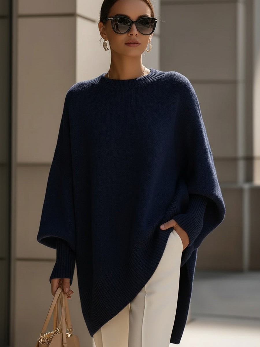 Pull oversize femme en laine col rond ourlet asymétrique