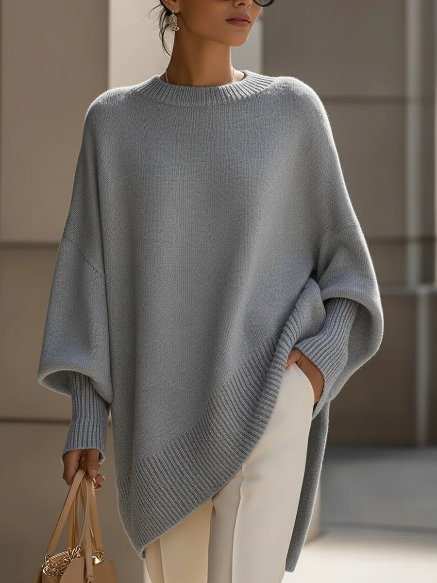 Pull oversize femme en laine col rond ourlet asymétrique