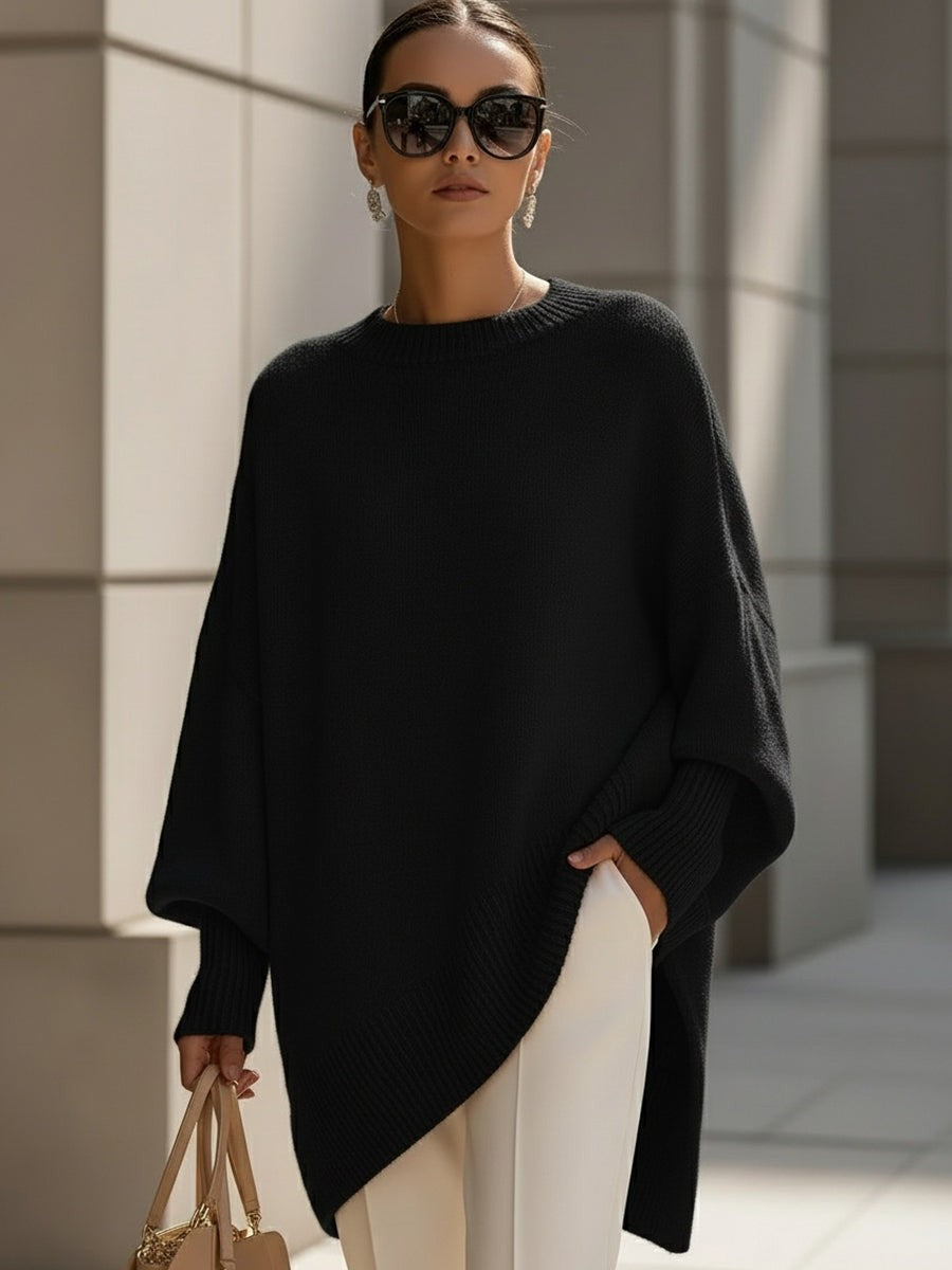 Pull oversize femme en laine col rond ourlet asymétrique