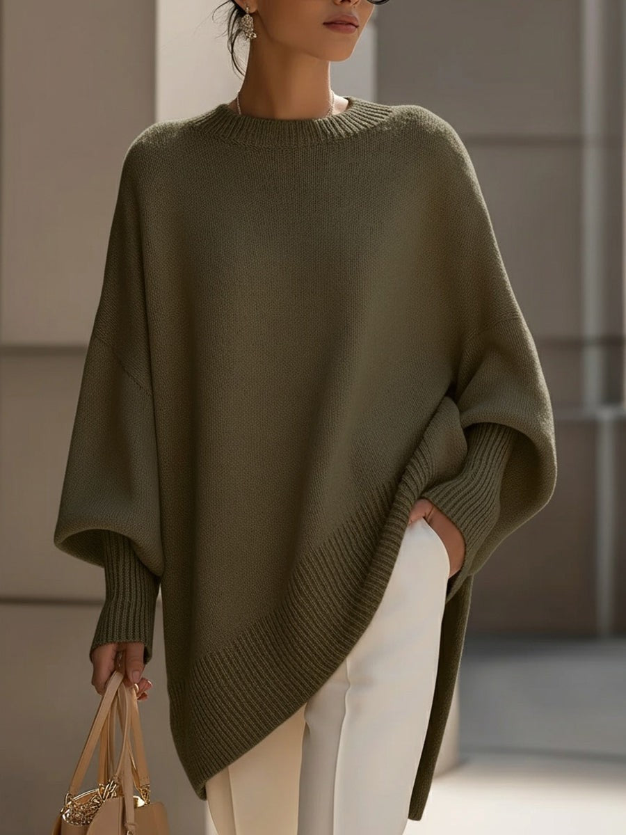 Pull oversize femme en laine col rond ourlet asymétrique