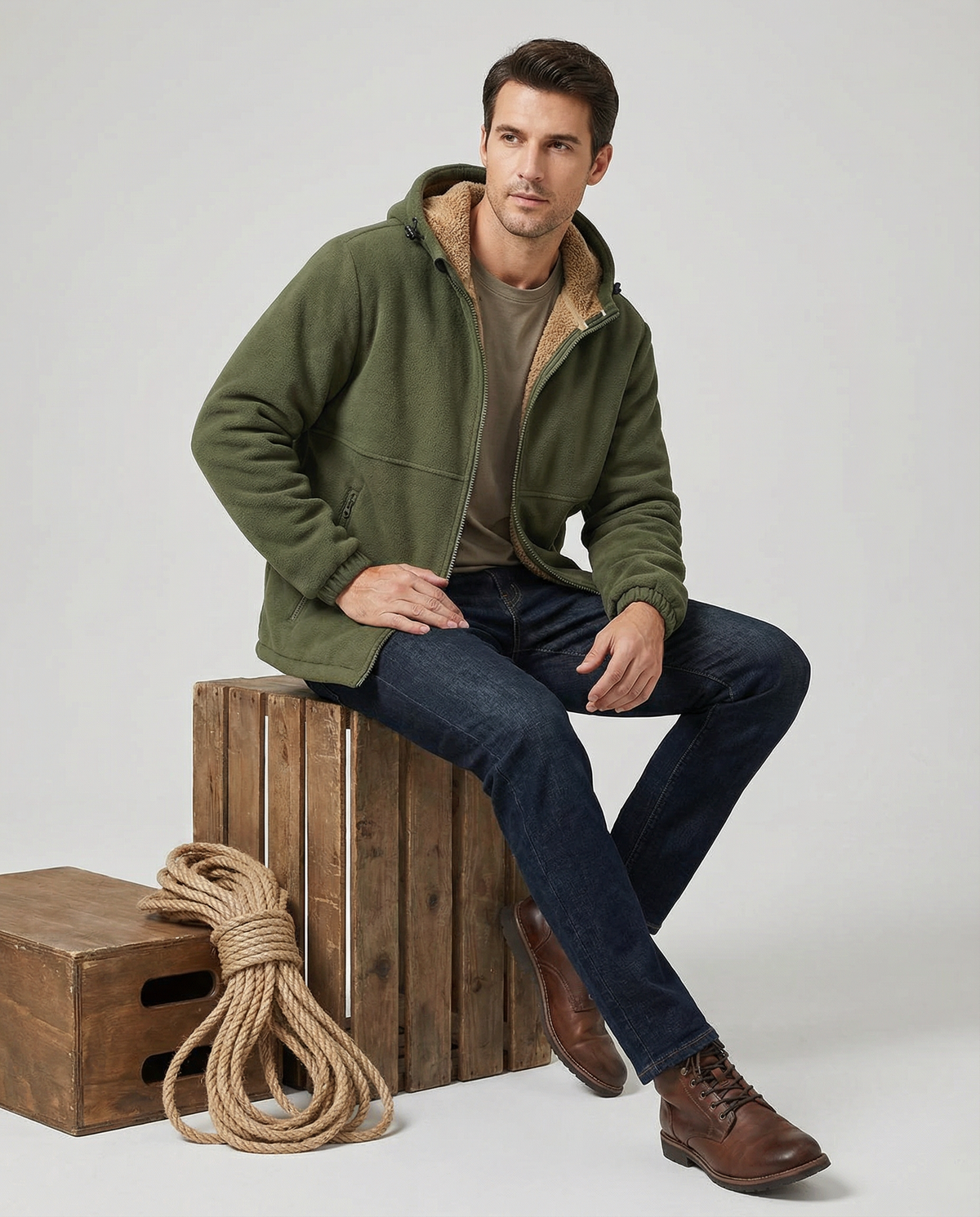 Pull polaire à capuche homme en laine d'agneau