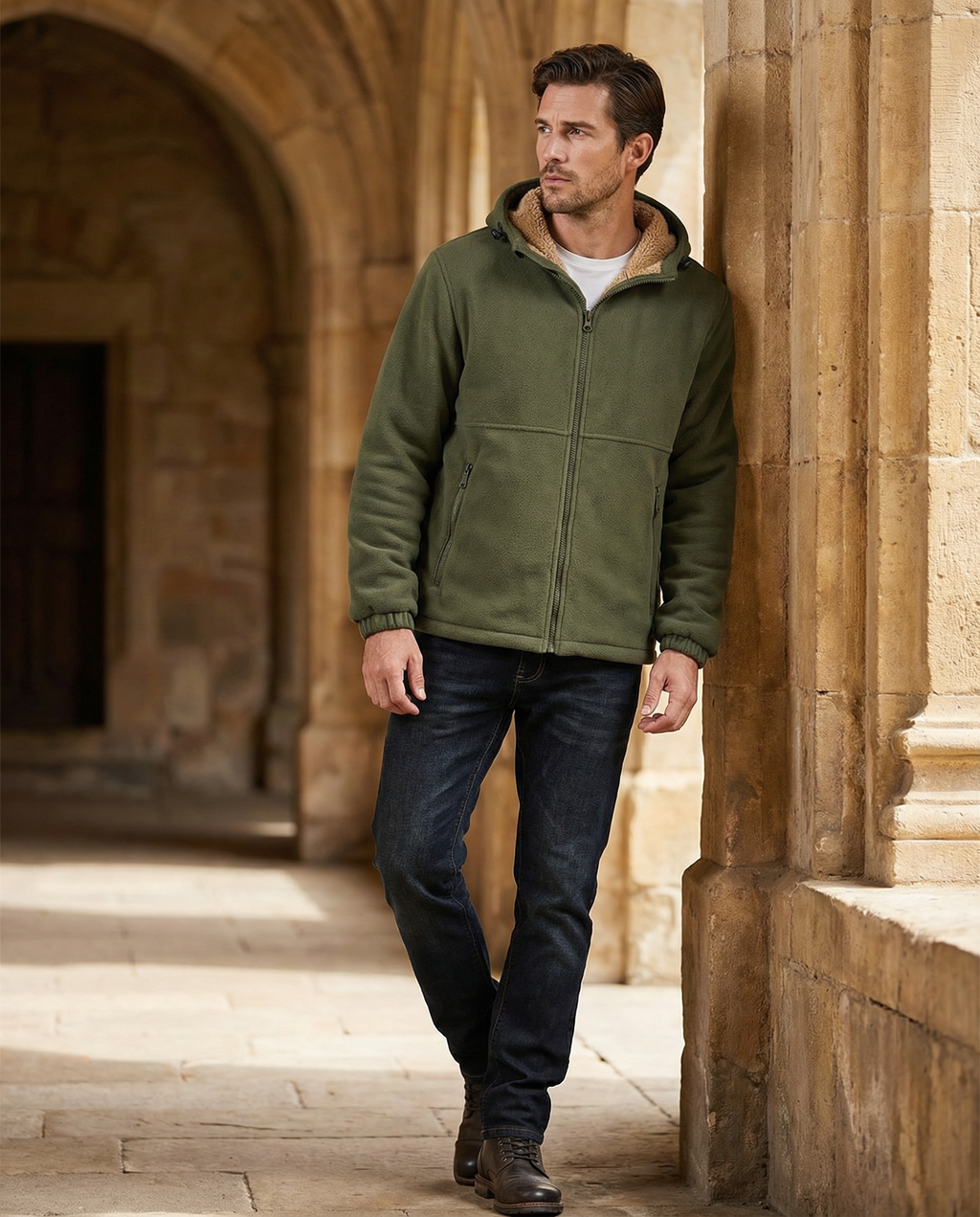 Pull polaire à capuche homme en laine d'agneau