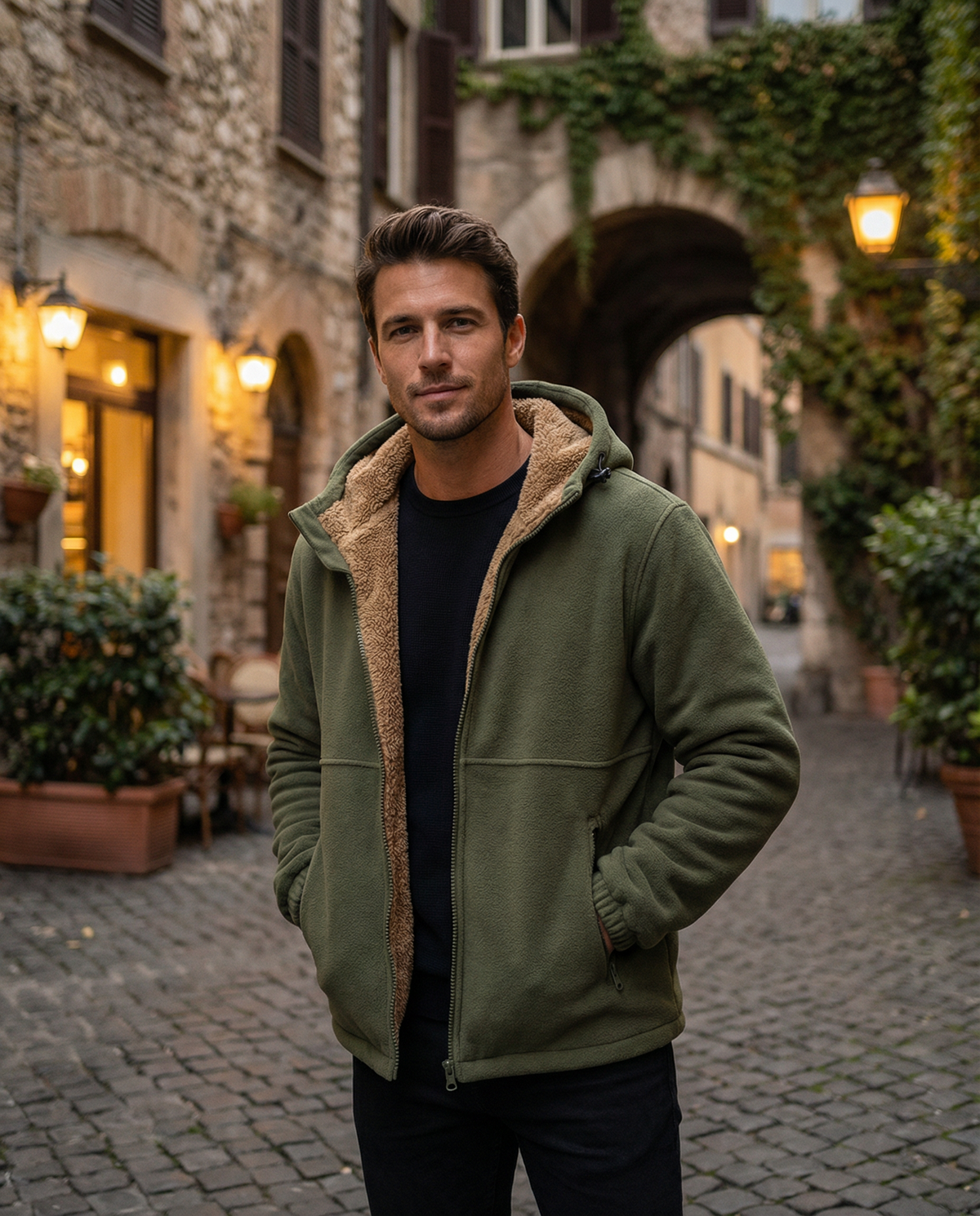 Pull polaire à capuche homme en laine d'agneau