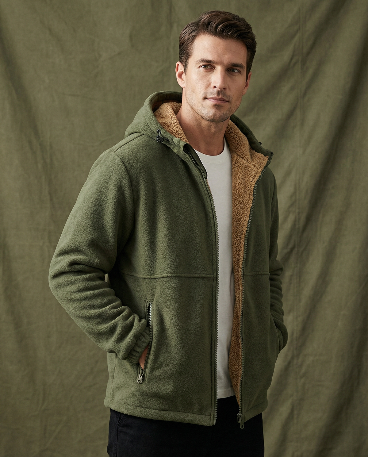 Pull polaire à capuche homme en laine d'agneau